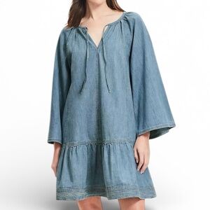 LOFT Chambray Tie Neck Mini Flounce Dress Small New with Tags Blue